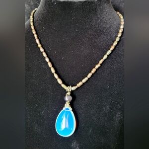 Vintage Glass Rice Pearl With Natural Moonstone Pendant
